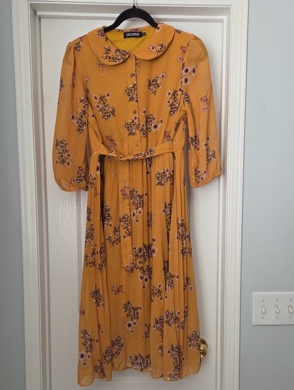 SASSAFRAS Mustard Floral Peterpan Collar Pleated Dress